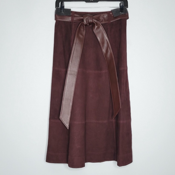 TREND ALERT ALICE + OLIVIA Martine Brown Suede A-line Midi Skirt w Belt size 4 - Picture 2 of 12